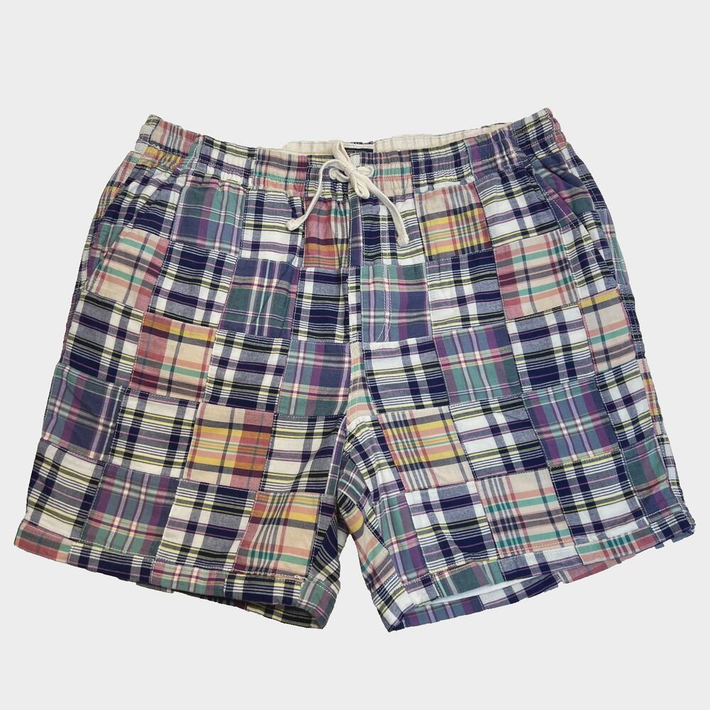 J.Crew Men's Re-Imagined Patchwork Drawstring Shorts Multi Color Plaid Cotton, L